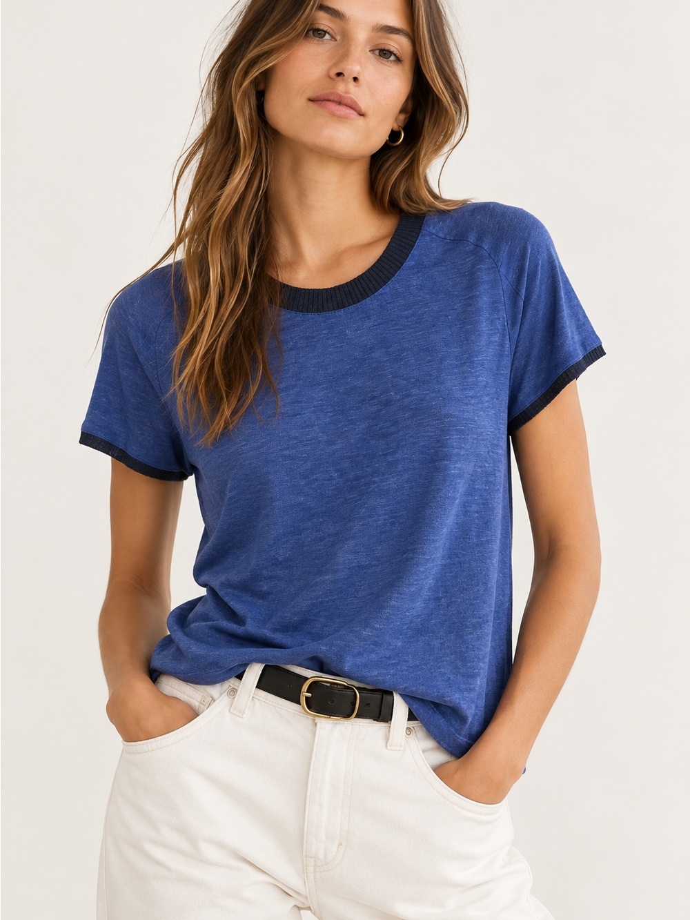 Maje Tenerife Marine Blue Linen Contrast Trim Tee Size 2
